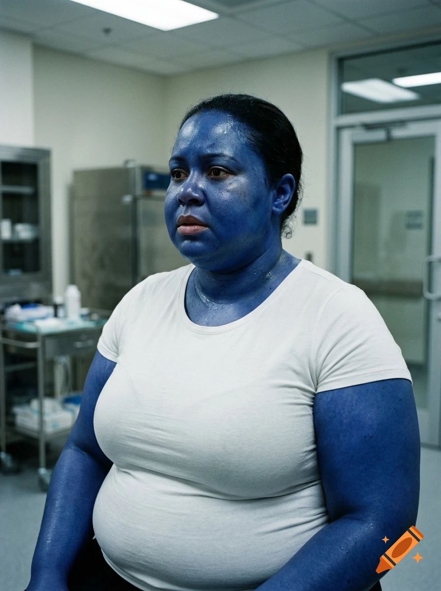 Photorealistic medium shot of a woman with blue skin and a white t-shirt standing inside a medical facility.