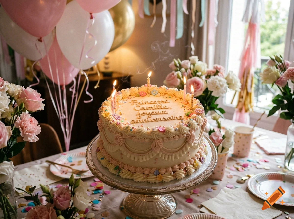 A decorated birthday cake with lit candles sits on a festive party table surrounded by balloons, flowers, and confetti.