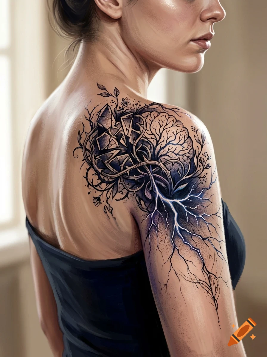 Close-up of a person's shoulder and back with an intricate tattoo depicting crystals, roots, a brain-like shape, and lightning.