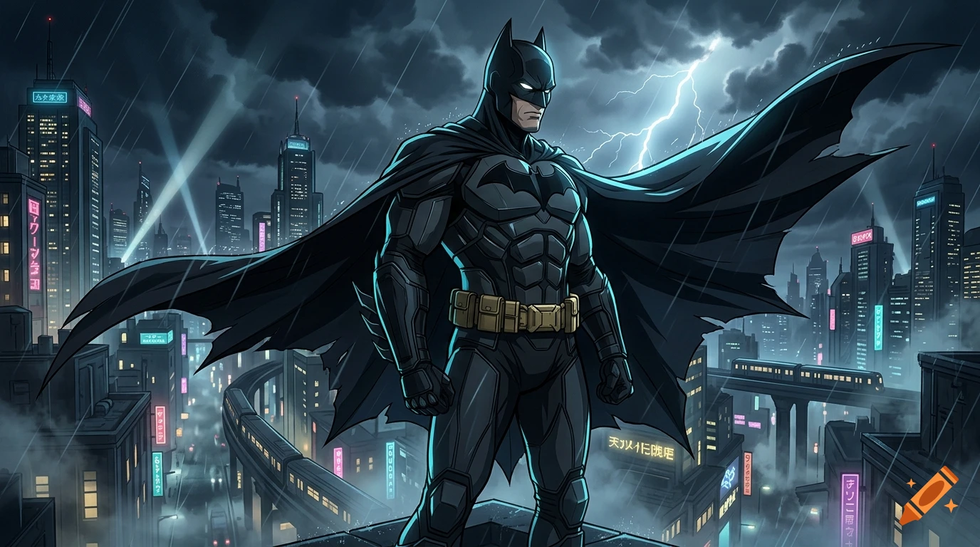Anime style Batman standing on a rooftop in a rainy cyberpunk city with neon signs.