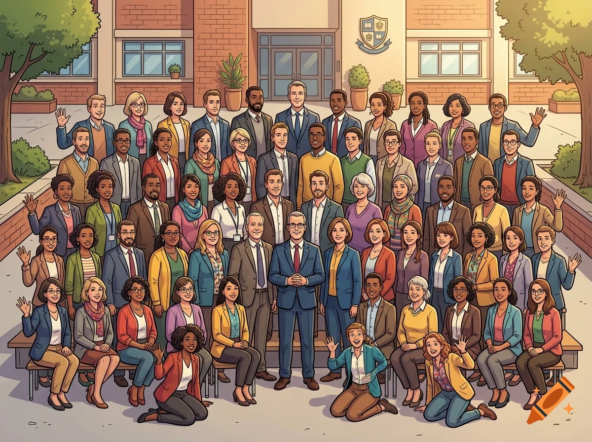 An illustrated group portrait of a large faculty or staff standing and sitting together in front of a brick school building.