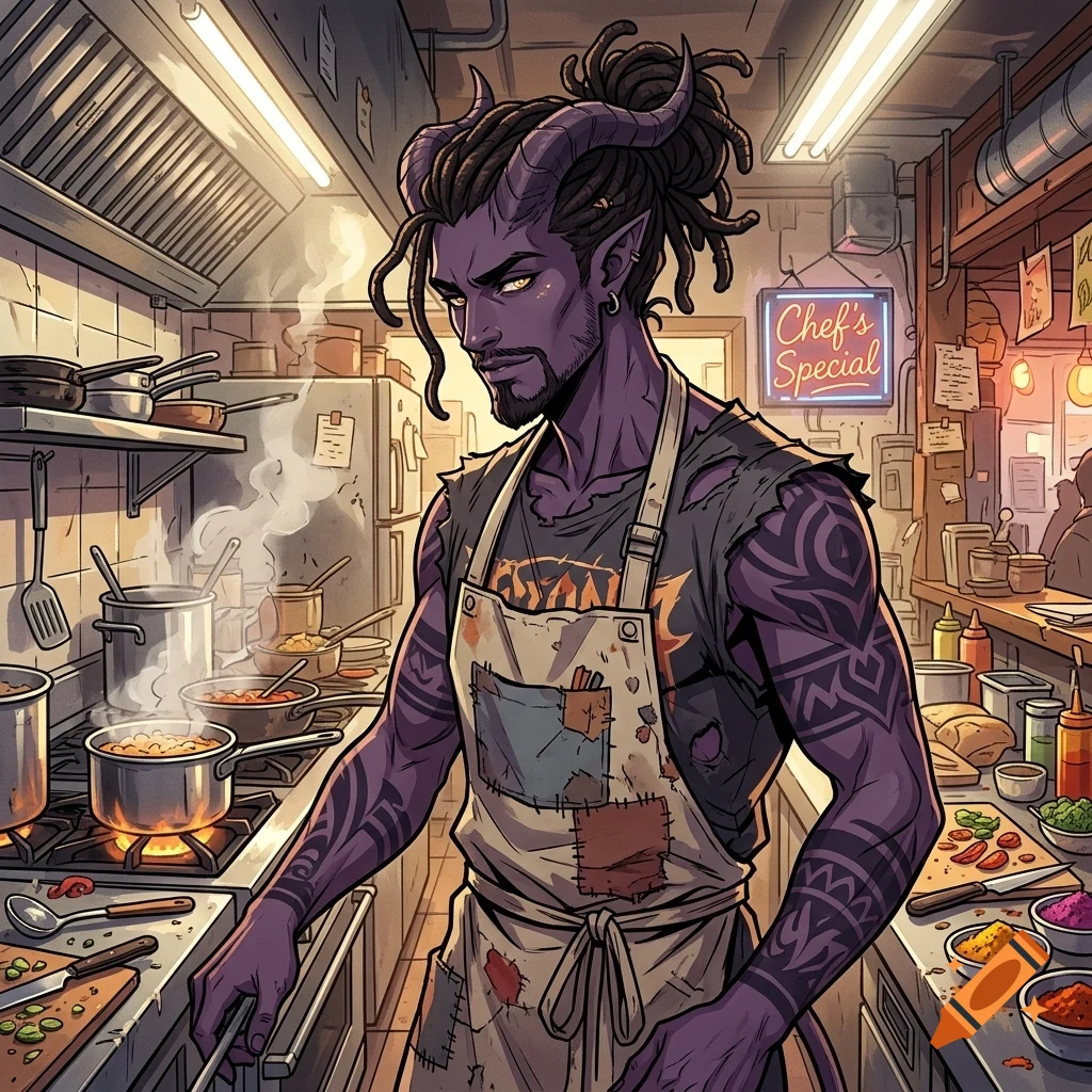An illustration of a purple-skinned demon character working as a chef in a bustling restaurant kitchen.