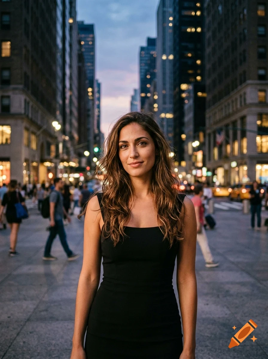 Portrait of a woman in a black dress standing on a busy city street flanked by tall buildings at dusk.