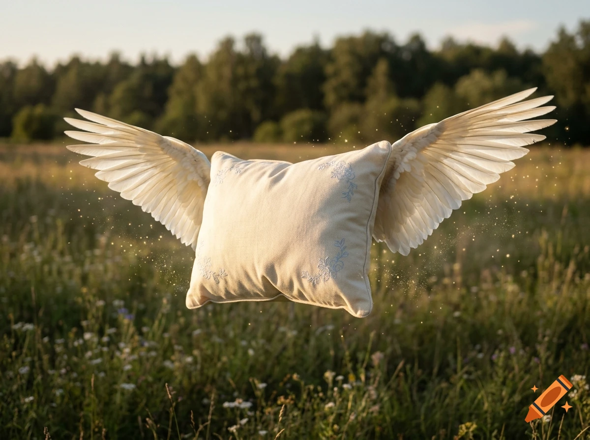 Photorealistic image of a white pillow with embroidered details and feathered wings flying in a grassy field.