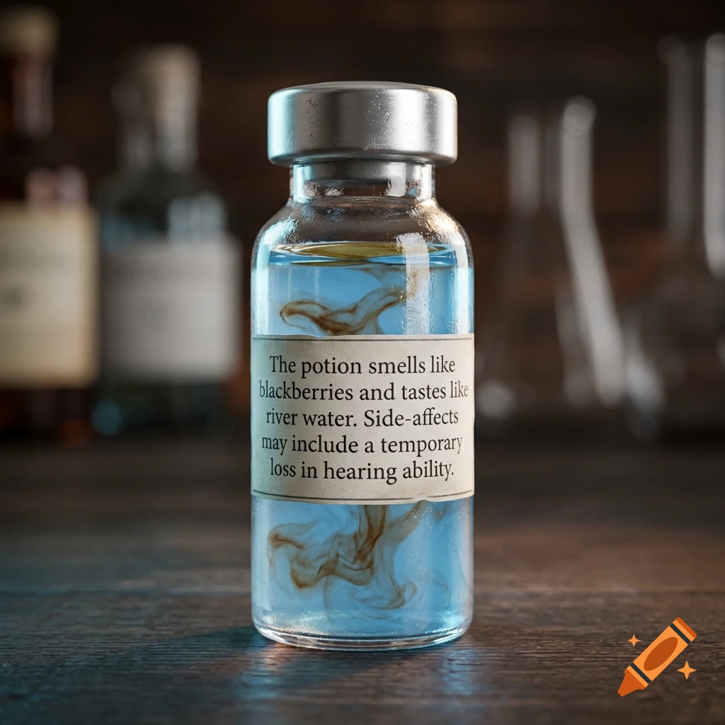 Close-up of a silver-capped glass vial containing sky-blue liquid with brown swirls, featuring a label with descriptive potion text, on a wooden table.