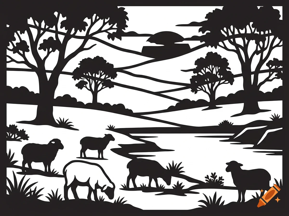 A black and white vector illustration of sheep grazing in a pastoral landscape with rolling hills, trees, and a body of water.