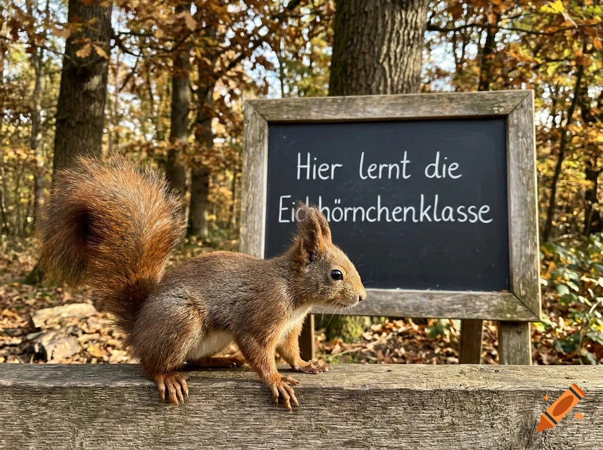 A red squirrel stands on a wooden rail outdoors, with a chalkboard sign and autumn trees in the background.