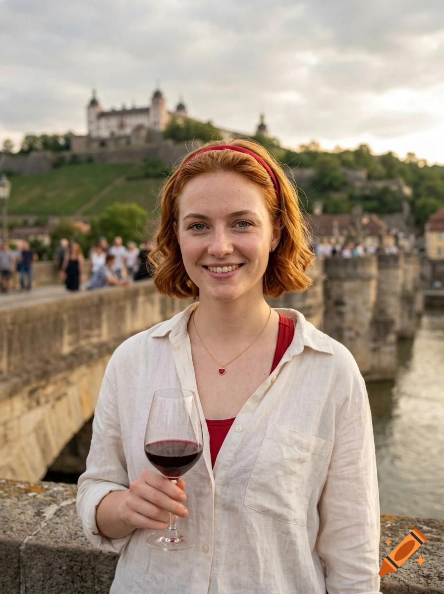 Photorealistic portrait of a young woman with red hair holding a glass of wine on a bridge with a castle in the background at sunset.
