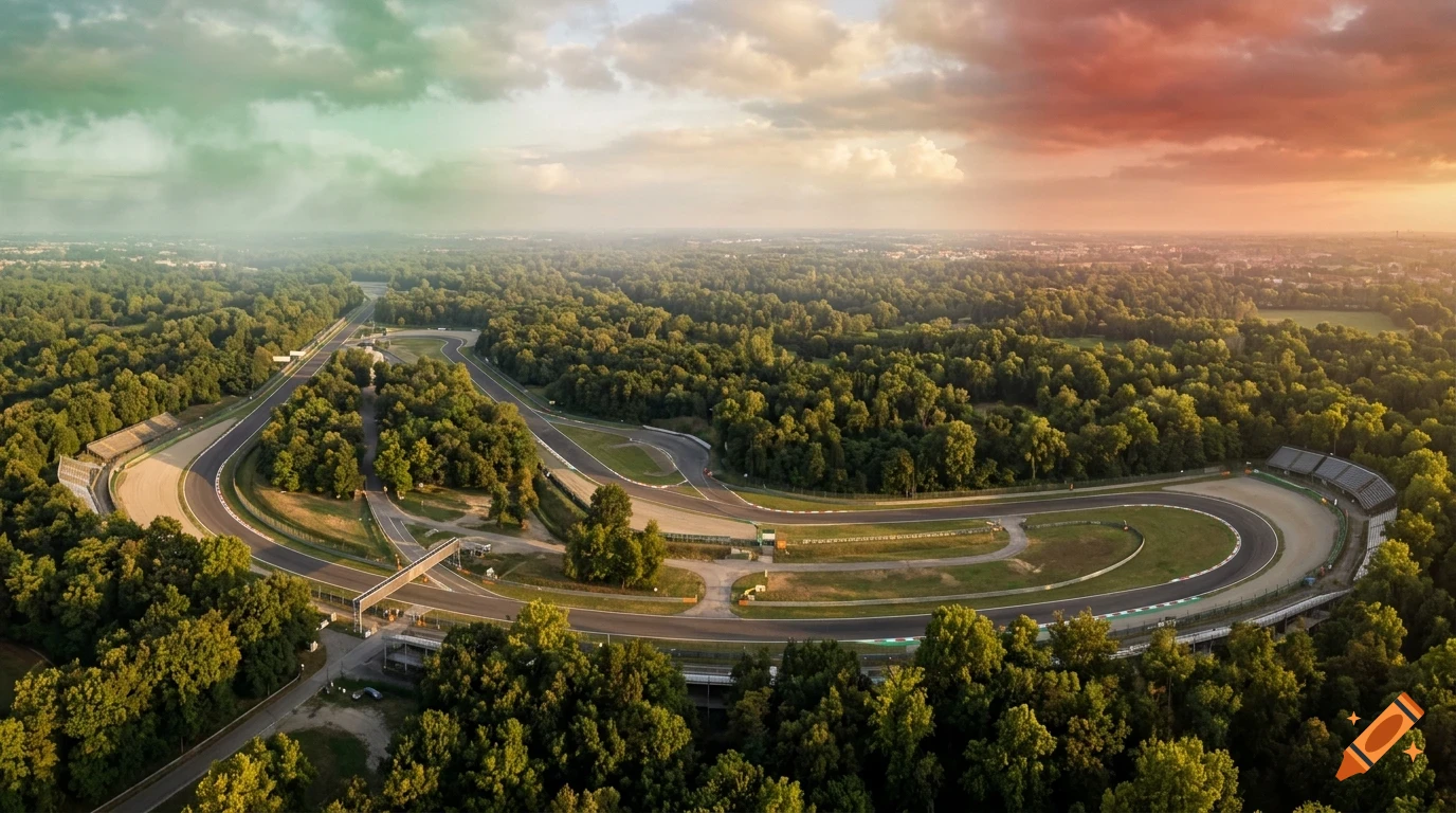 An aerial view of a racing circuit surrounded by dense green forests under a dramatic cloudy sky at sunset.