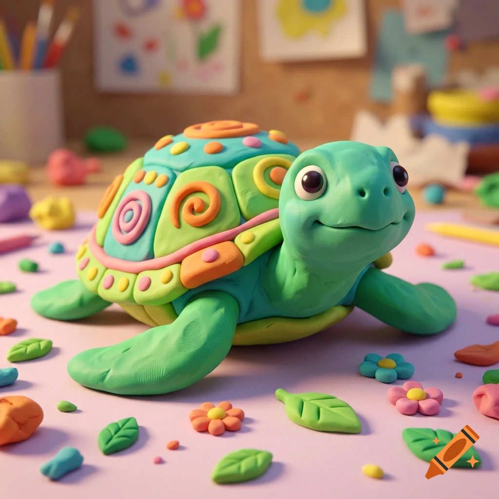Close-up of a colorful play-doh turtle surrounded by clay flowers and leaves on a pink surface.
