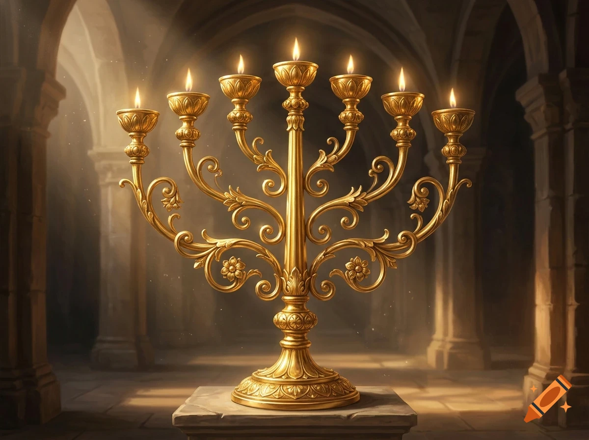 An ornate golden menorah with seven lit candles sits on a stone pedestal inside a dimly lit ancient stone hall with arches.