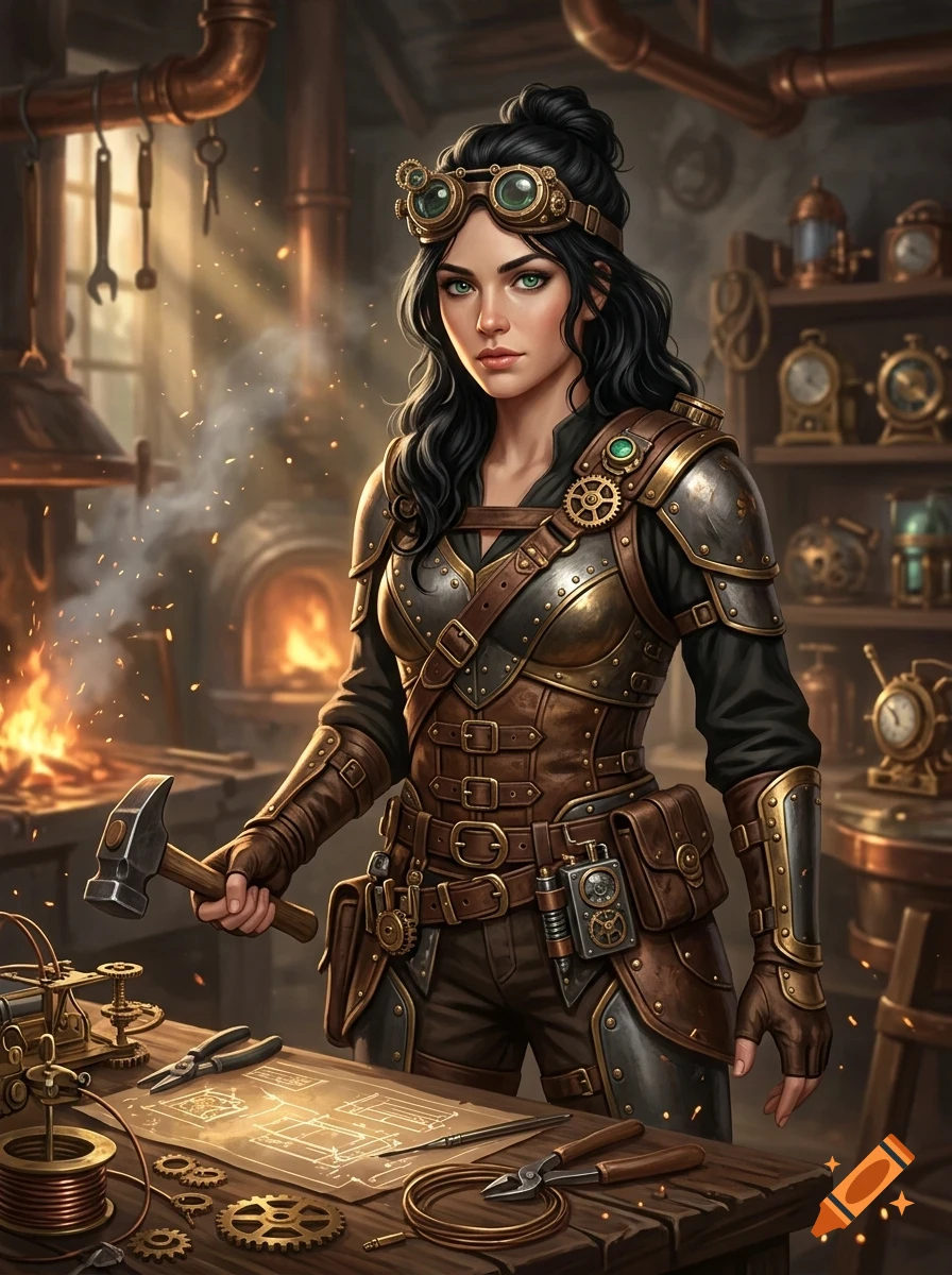 A steampunk female inventor with black hair and goggles on her head stands in a workshop, holding a hammer near a workbench with blueprints and tools.