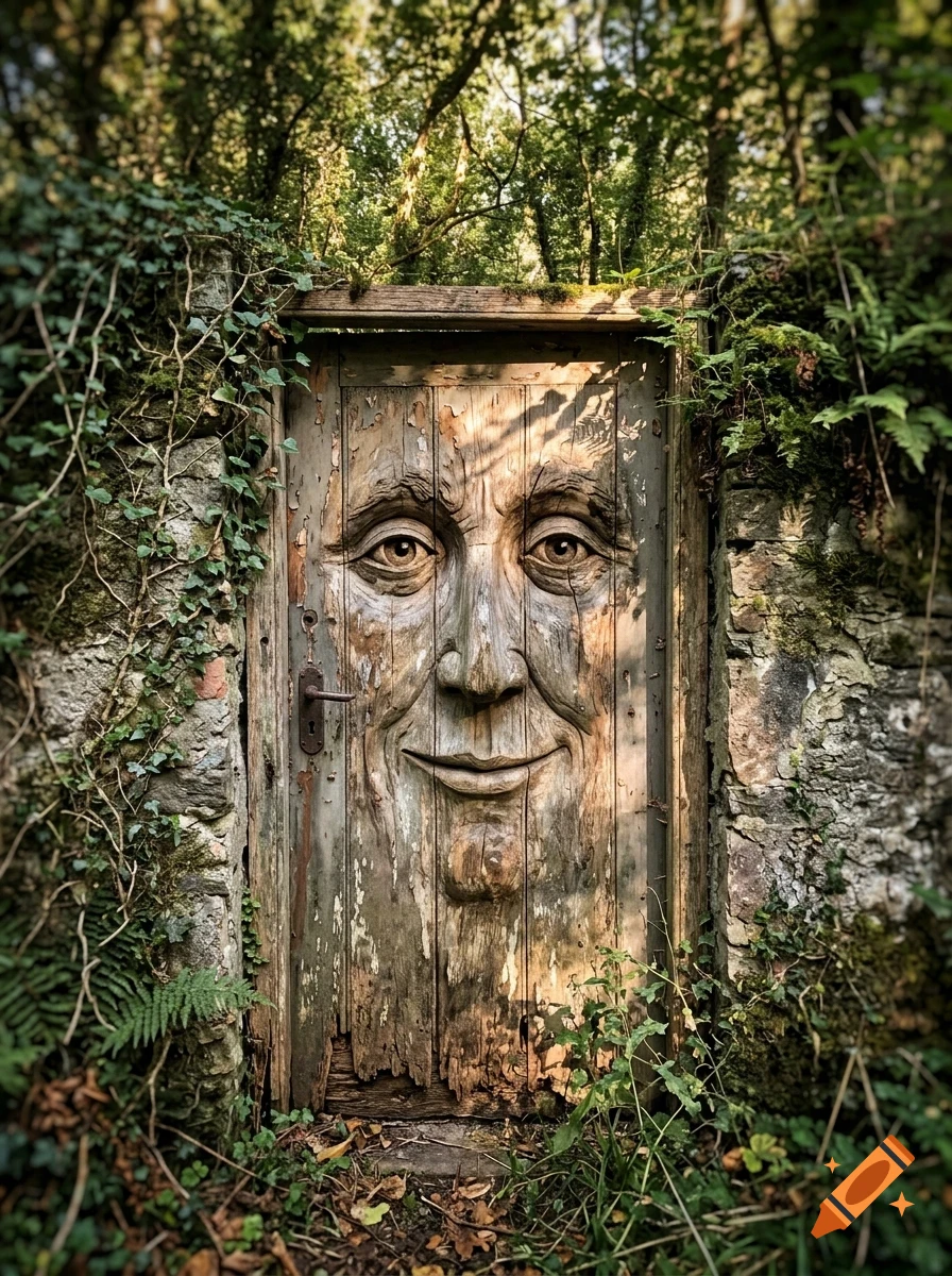 An old wooden door carved with a human face, set into a stone wall overgrown with ivy in a forest.