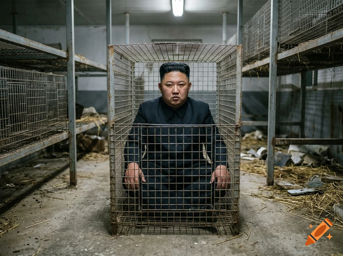A man resembling Kim Jong-un sitting inside a metal cage in an indoor setting with tiered wire shelving.