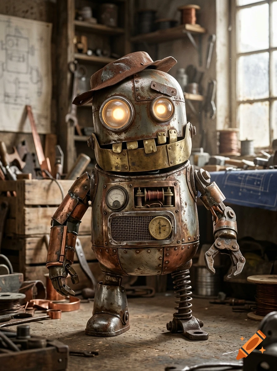 A rusty steampunk robot with glowing eyes and a hat standing in a cluttered workshop, photorealistic style.