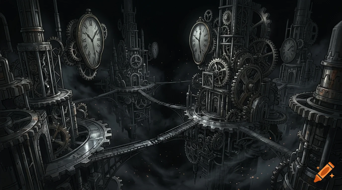 An intricate steampunk fantasy cityscape featuring floating mechanical towers, gears, and melting clocks connected by bridges in a dark, hazy sky.