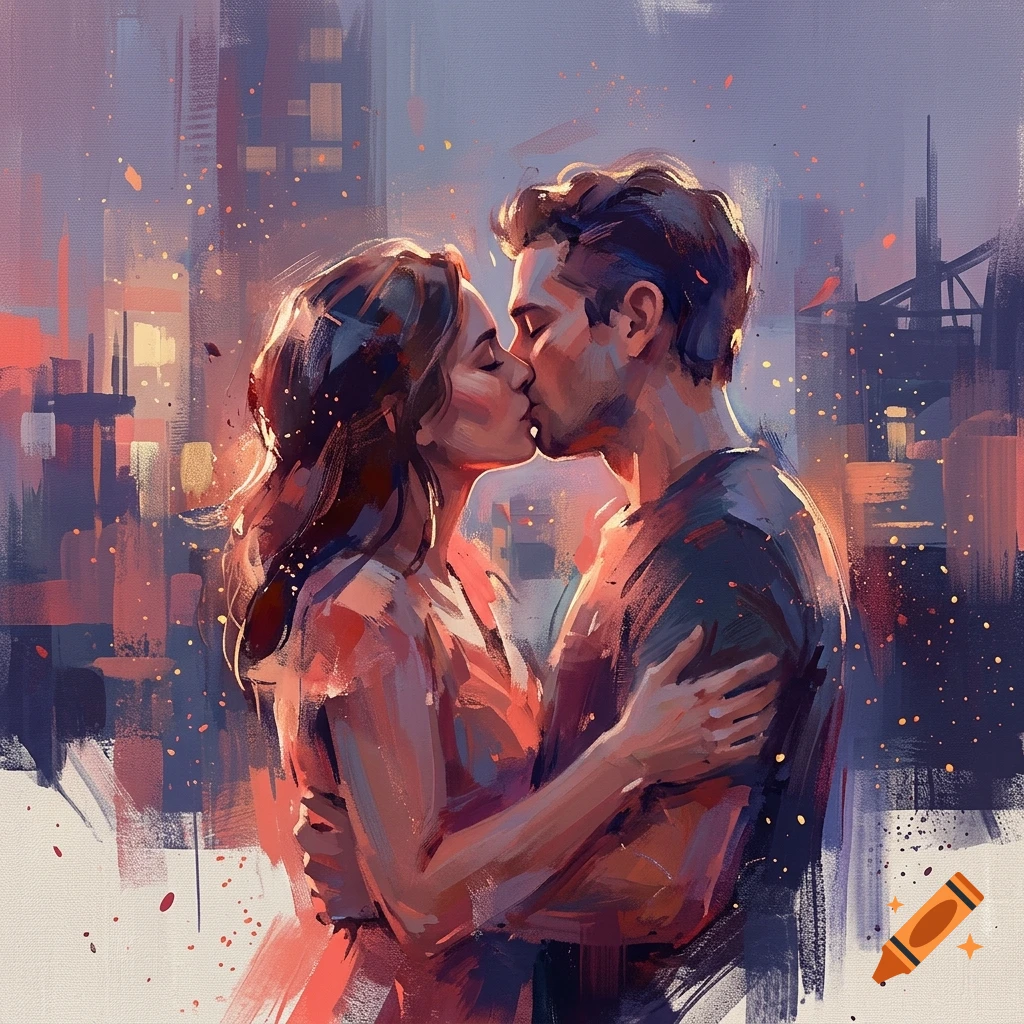 Impressionistic digital painting of a man and woman kissing passionately amidst an urban skyline at dusk.