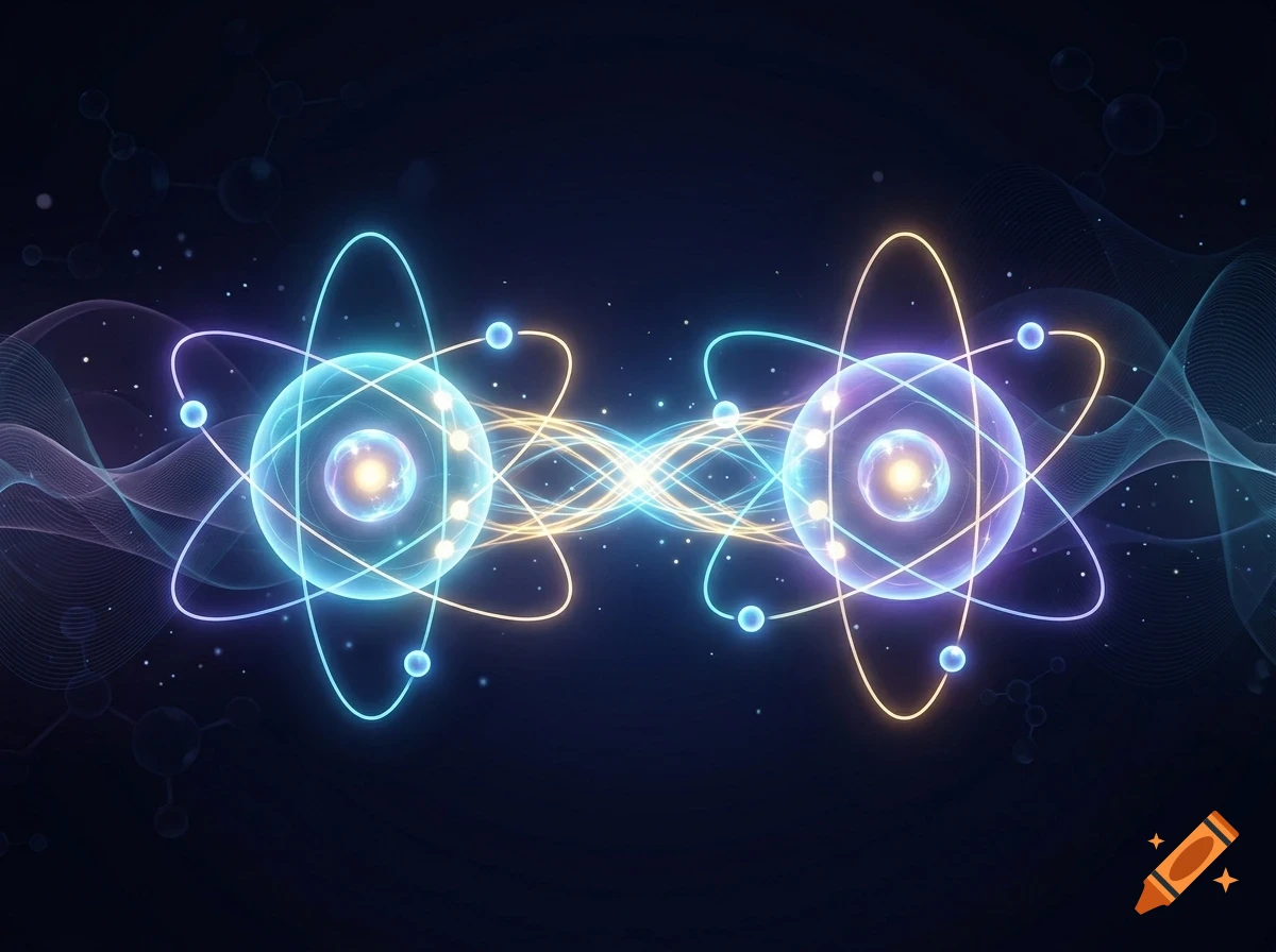 Digital illustration of two glowing atomic structures connected by energy waves against a dark background.