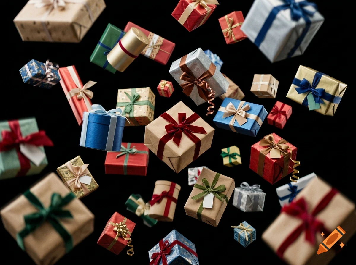 Many wrapped gift boxes of various colors and sizes float against a black background.