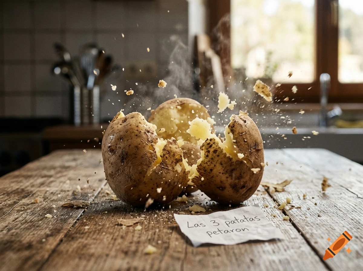 Photorealistic image of three potatoes exploding on a rustic wooden table with a note reading 'Las 3 patatas petaron'.