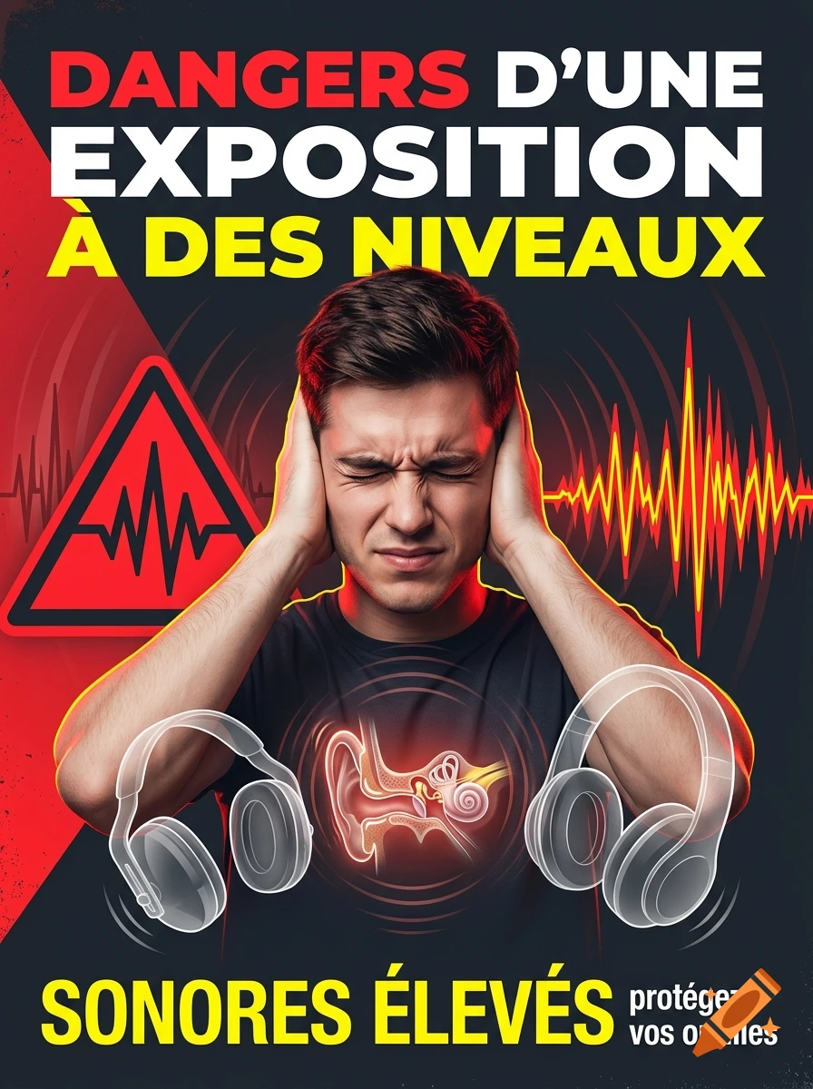 Informational poster warning about loud noise hazards featuring a man covering his ears and headphones.