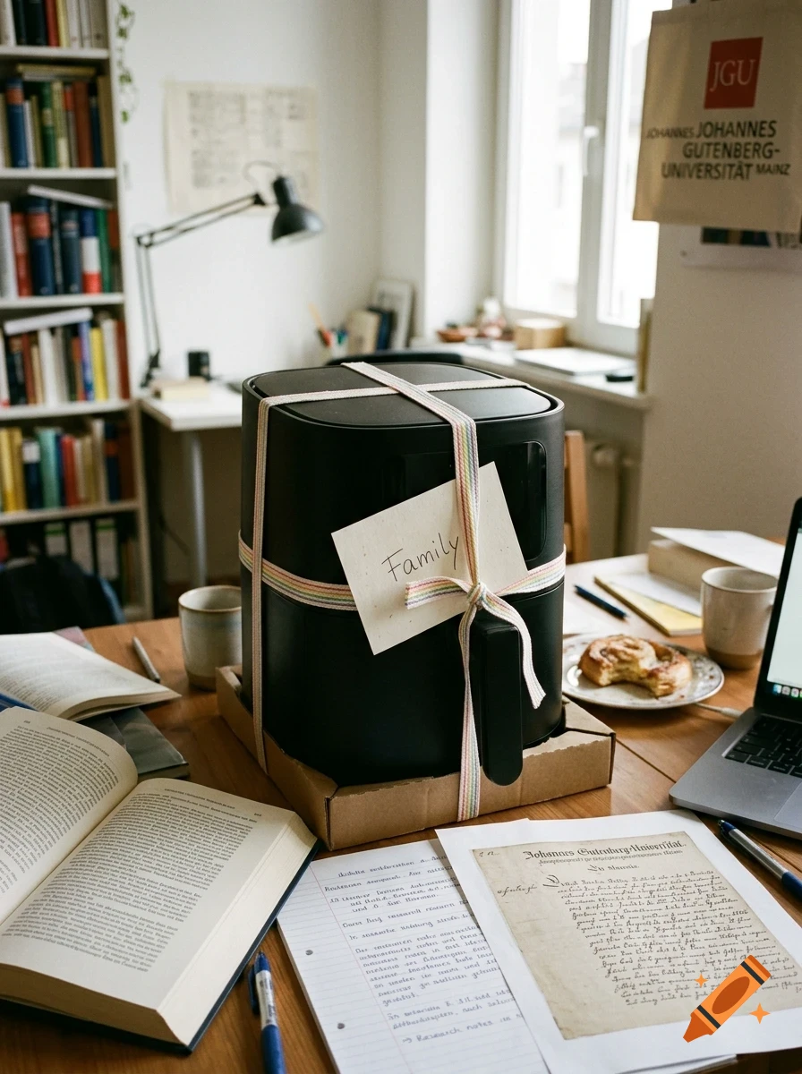 A black air fryer tied with a colorful ribbon and a note reading 'Family' sits on a desk surrounded by books, papers, and a laptop in a study room.