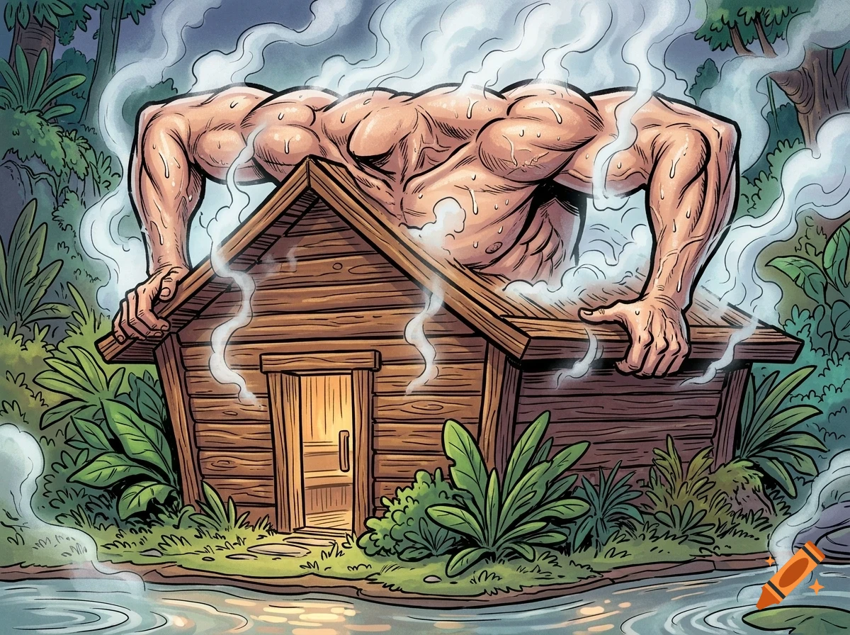 An illustration of a giant muscular figure emerging from a steaming wooden sauna cabin in a lush jungle.