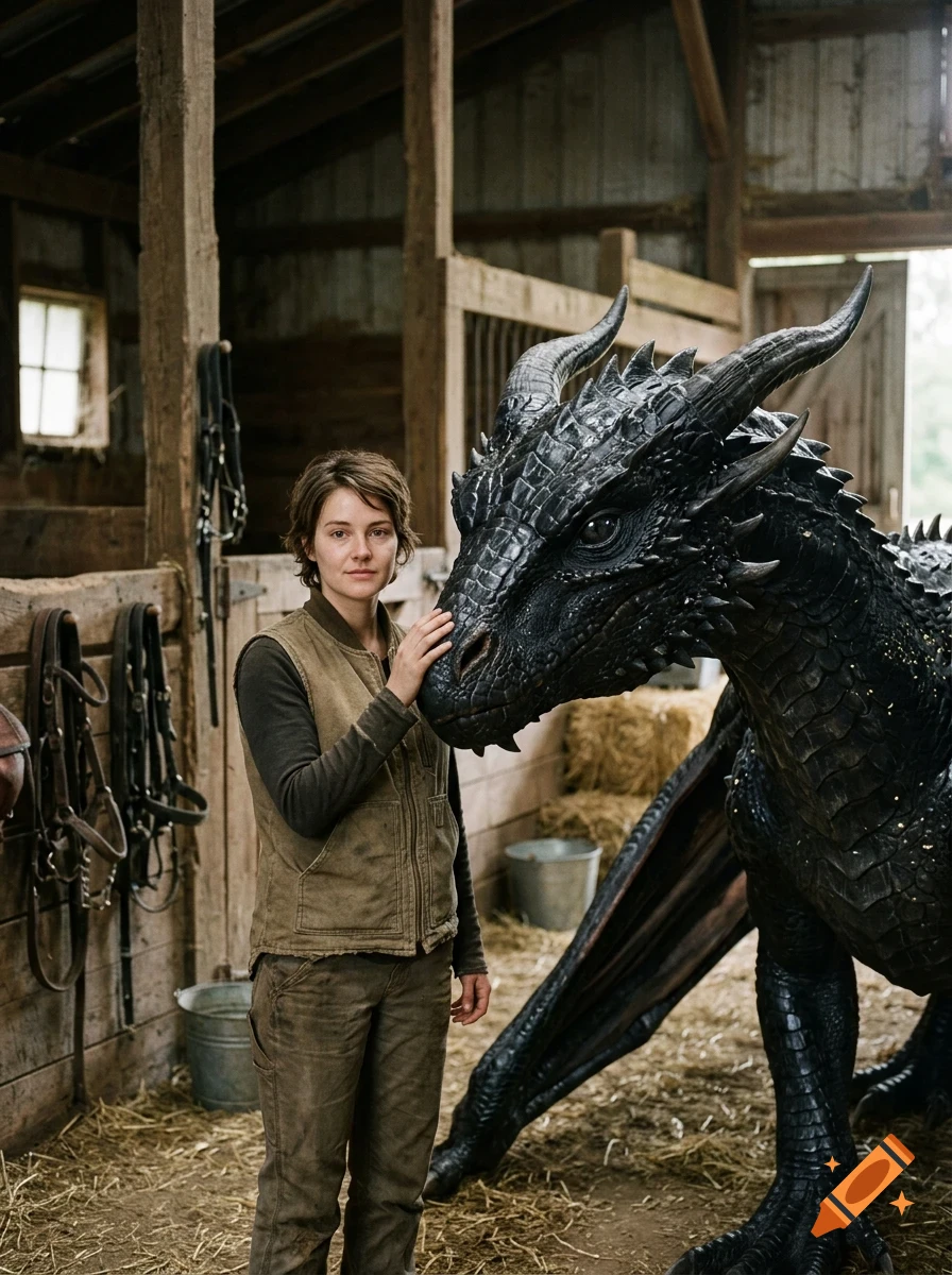 A person standing in a rustic barn interior gently touches the snout of a large, black, horned dragon.