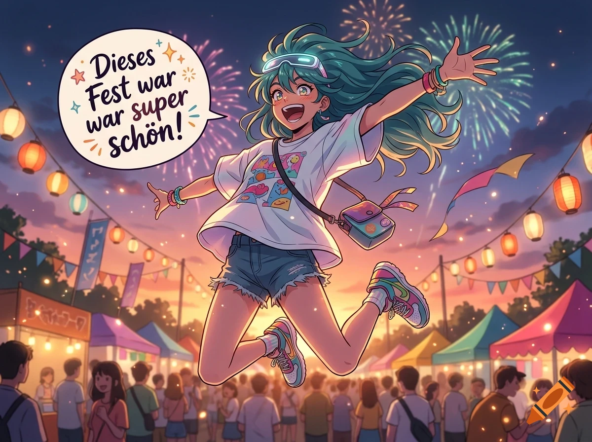 An anime-style illustration of a smiling girl jumping excitedly at a festival with fireworks and lanterns in the background.