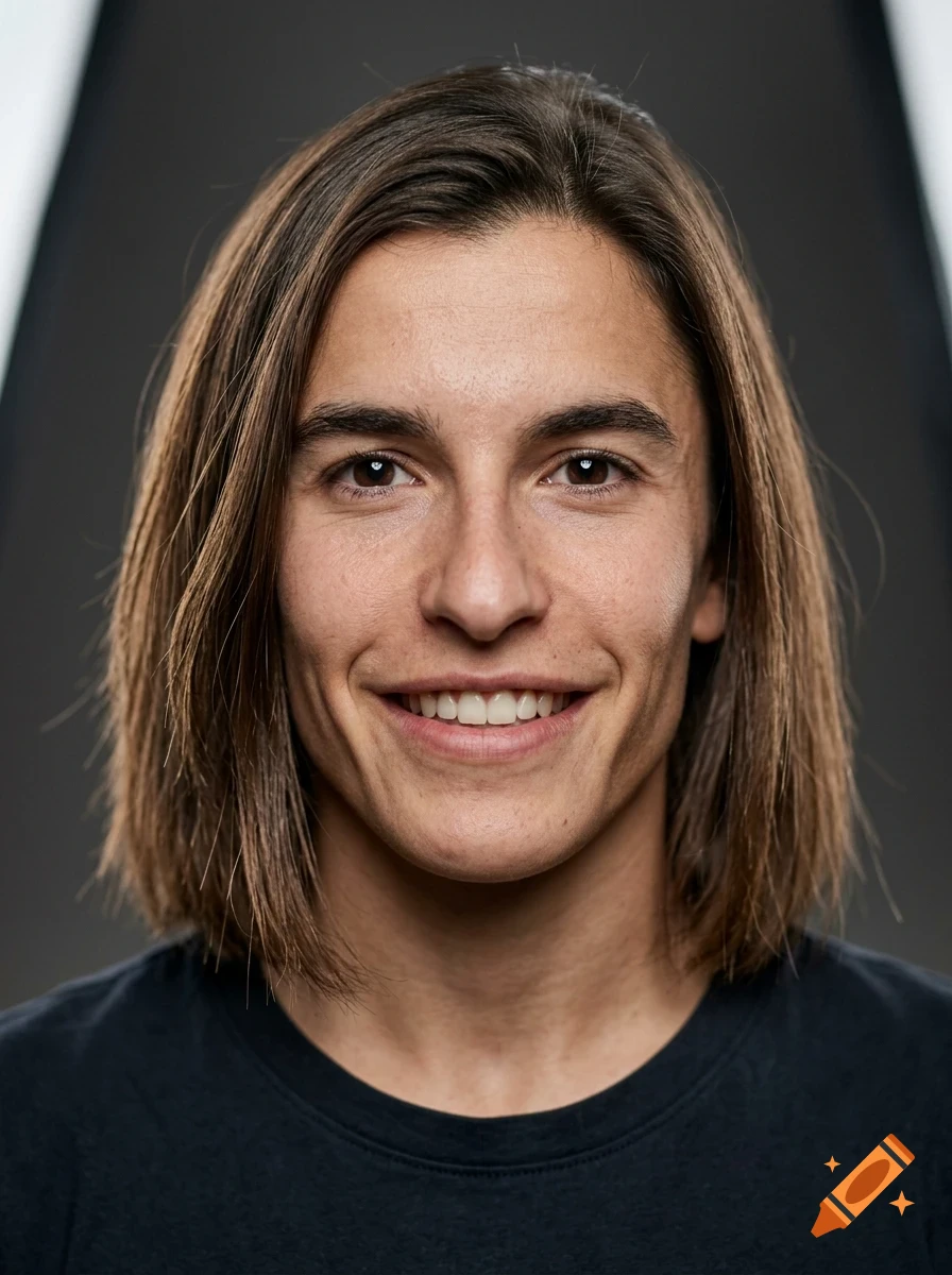 Close-up portrait of a person with shoulder-length brown hair, smiling gently at the camera against a dark background.