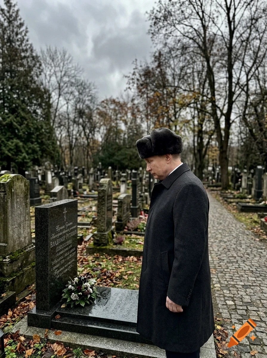A man wearing a dark coat and winter hat stands thoughtfully before a gravestone in a cemetery during daylight.