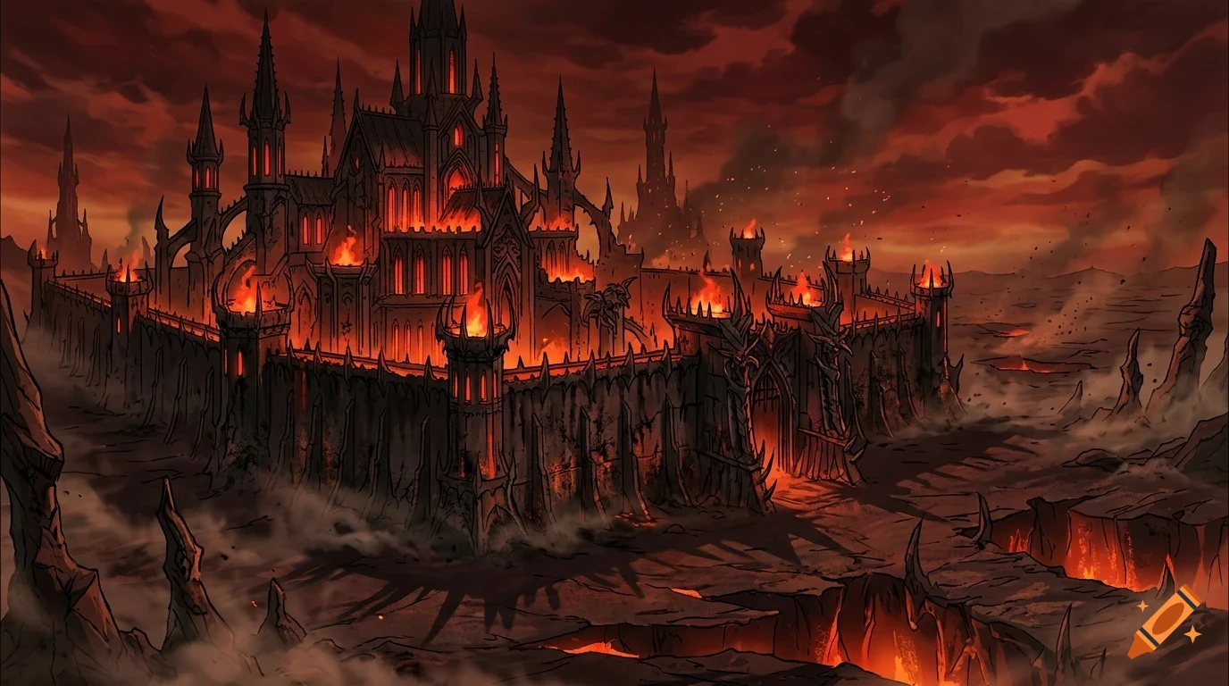 An imposing gothic castle ablaze with fire under a dark, fiery red sky, surrounded by volcanic terrain and smoke.