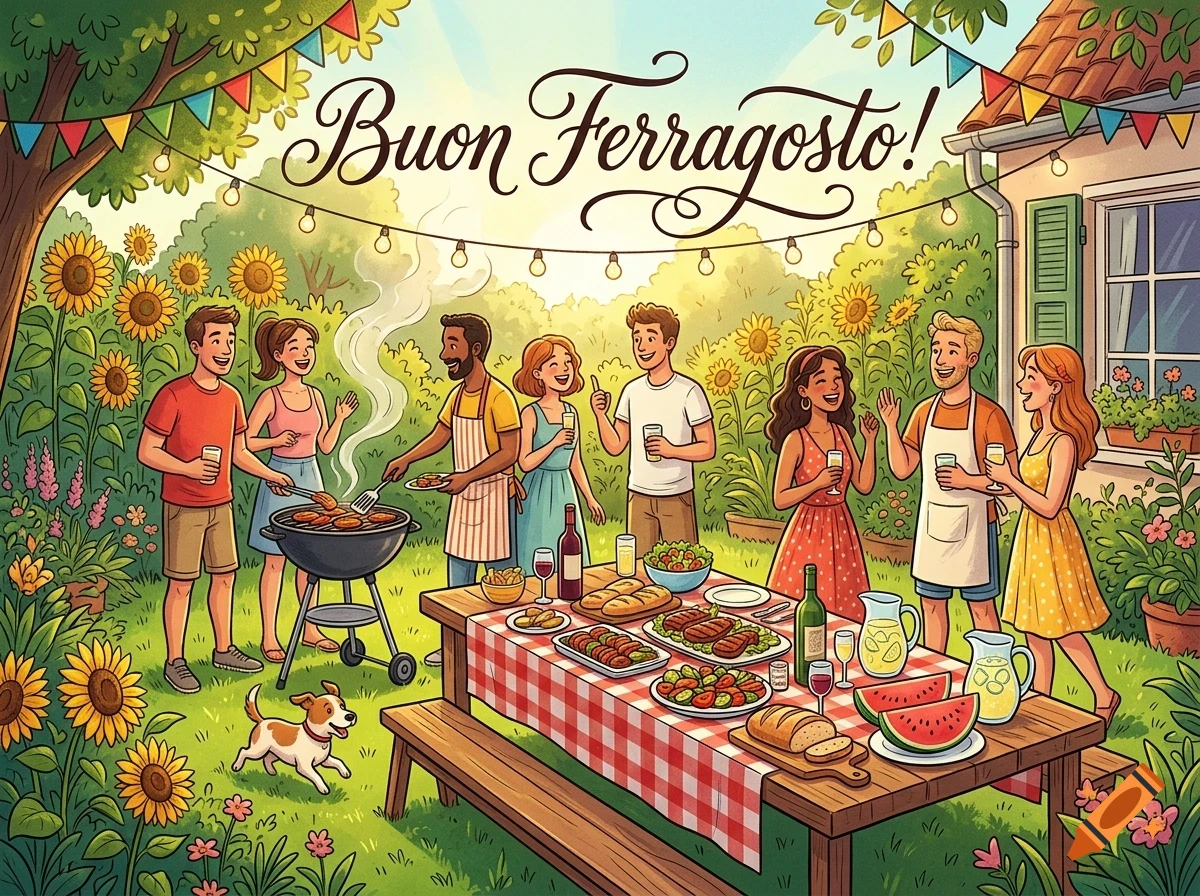An illustrated outdoor scene of friends gathering for a barbecue party in a garden with sunflowers, a table full of food, and the text Buon Ferragosto!