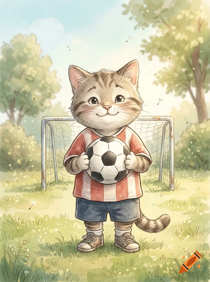 An anthropomorphic tabby kitten in a sports uniform holding a soccer ball in front of a goal on a sunny field.