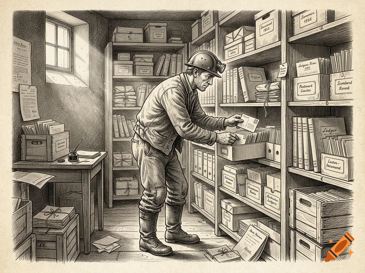 An ink and pencil illustration of a worker in a helmet searching through shelves of documents in an archive room.