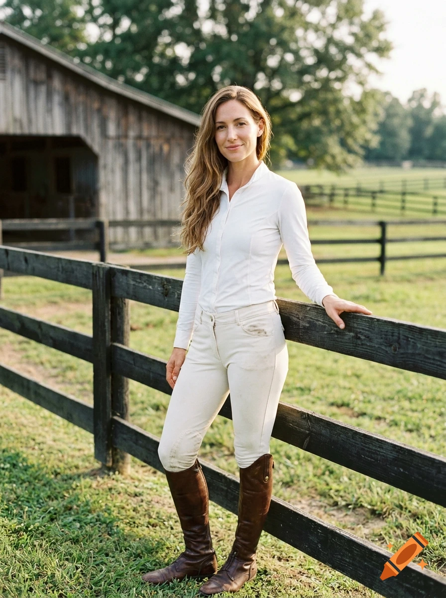 Photorealistic portrait of a smiling woman in equestrian attire standing by a wooden fence in a pasture.