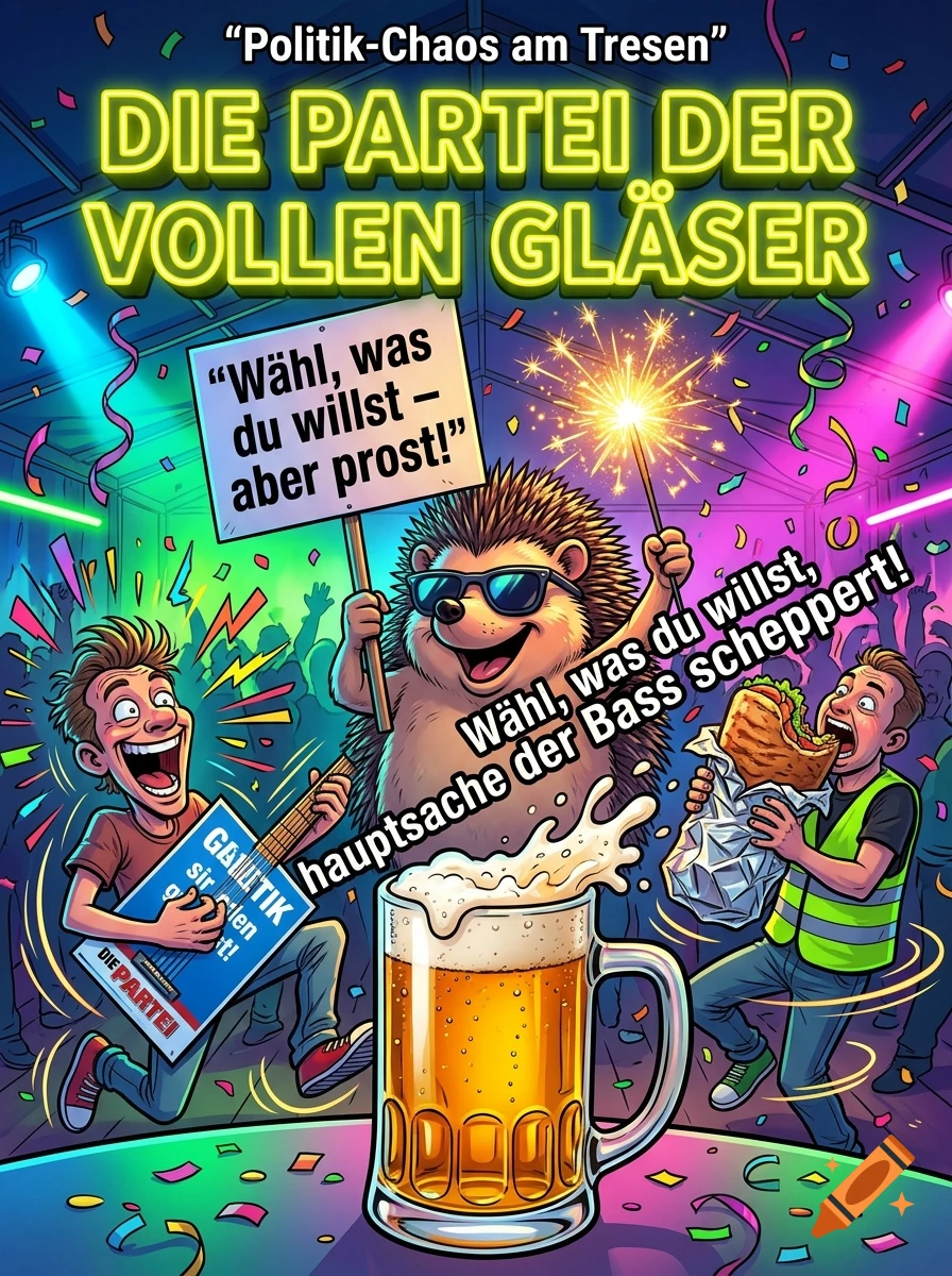 Comic style illustration of a party with a giant hedgehog wearing sunglasses, a large beer mug, and people dancing.