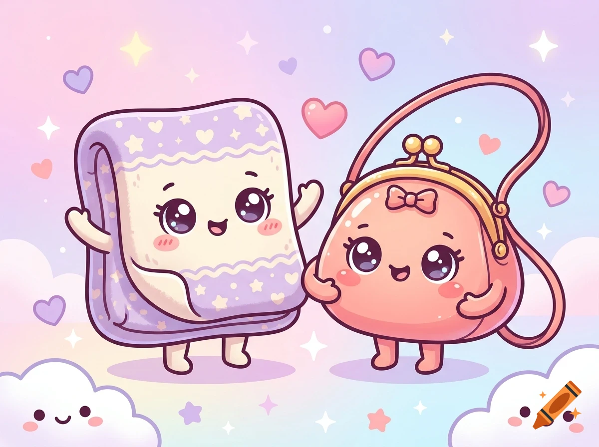 A cute cartoon illustration of an anthropomorphic folded blanket and a pink purse with smiling faces, surrounded by floating hearts, clouds, and stars.