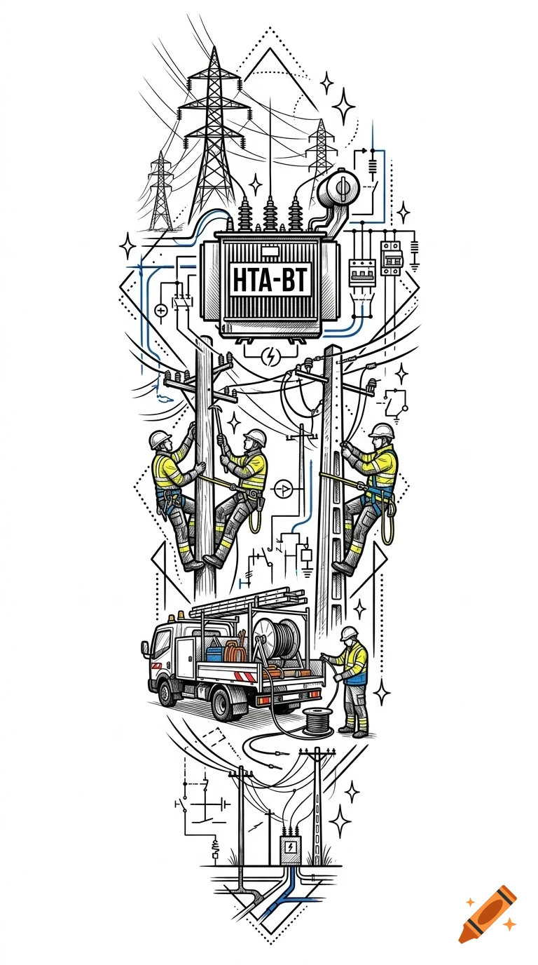 An illustrative vertical tattoo design depicting electrical infrastructure, including power lines, transformers, utility workers on poles and a truck, and technical diagrams.