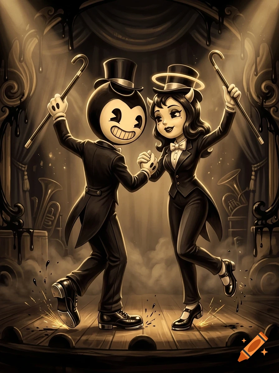 Two vintage cartoon characters dancing on a stage under spotlights, holding walking sticks and wearing formal attire, rendered in a sepia-toned ink style.