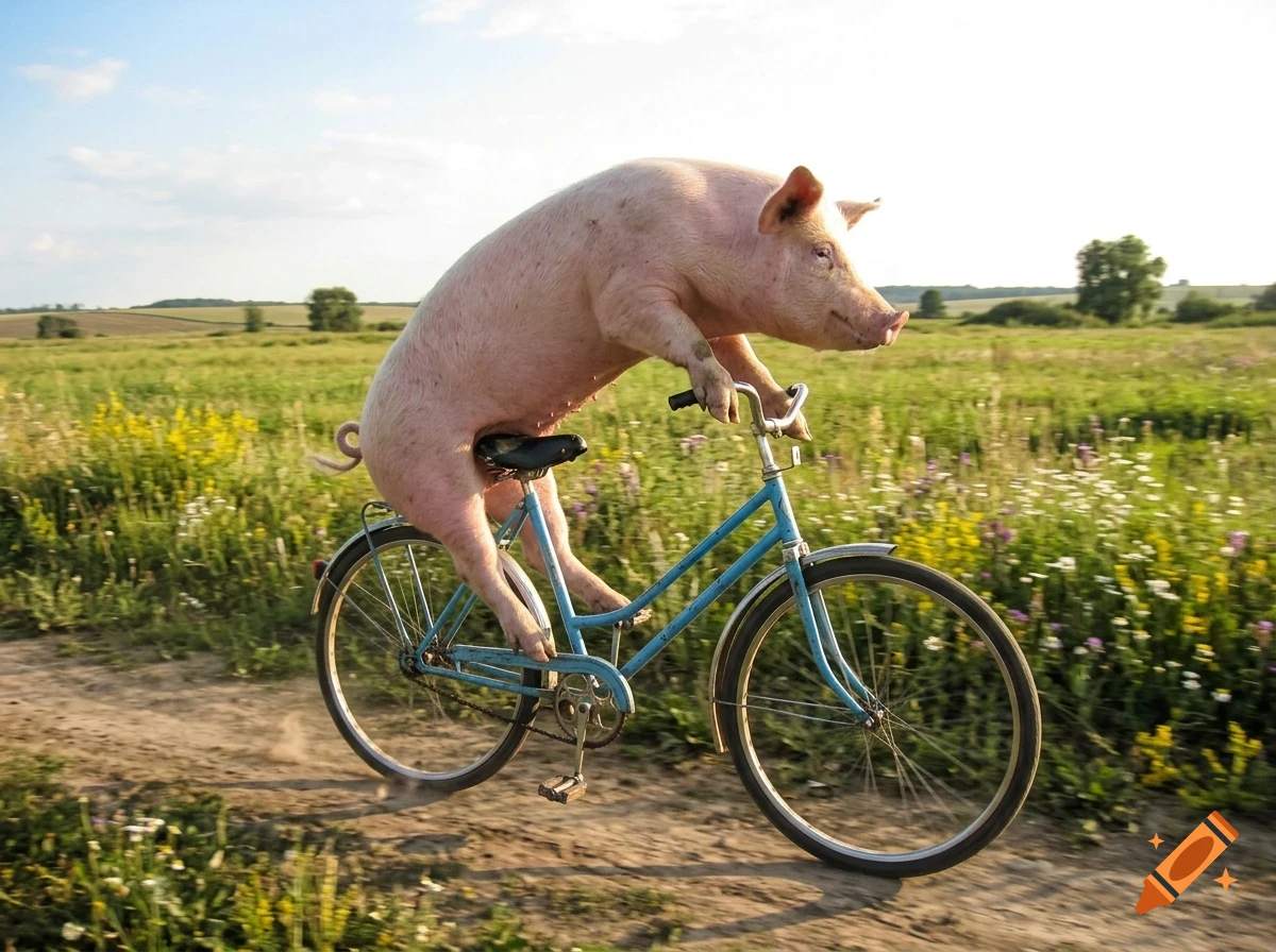 A large pink pig riding a blue bicycle along a dirt path through a grassy meadow.