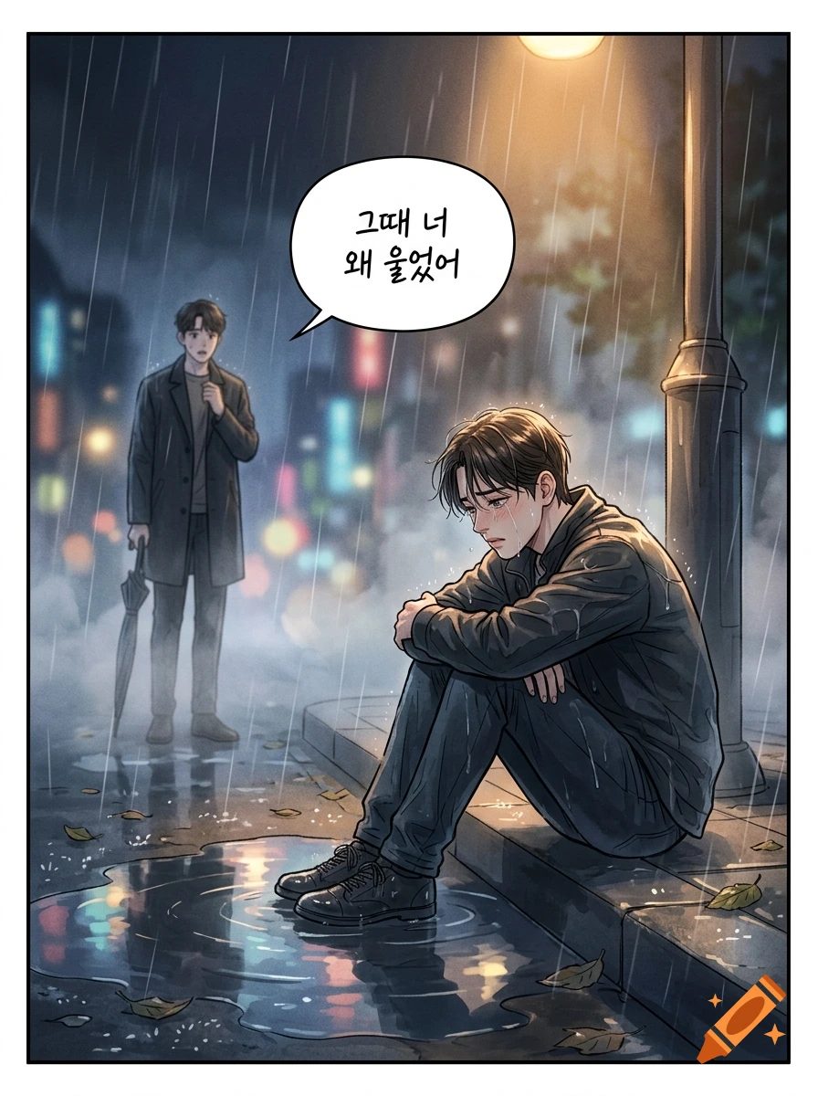 A man sitting on a curb crying in the rain at night, with another man holding an umbrella watching him in a webtoon style.