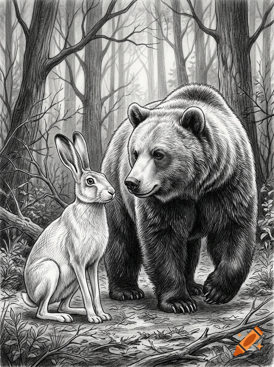 A detailed graphite pencil drawing of a large bear and a rabbit standing together in a forest among trees.