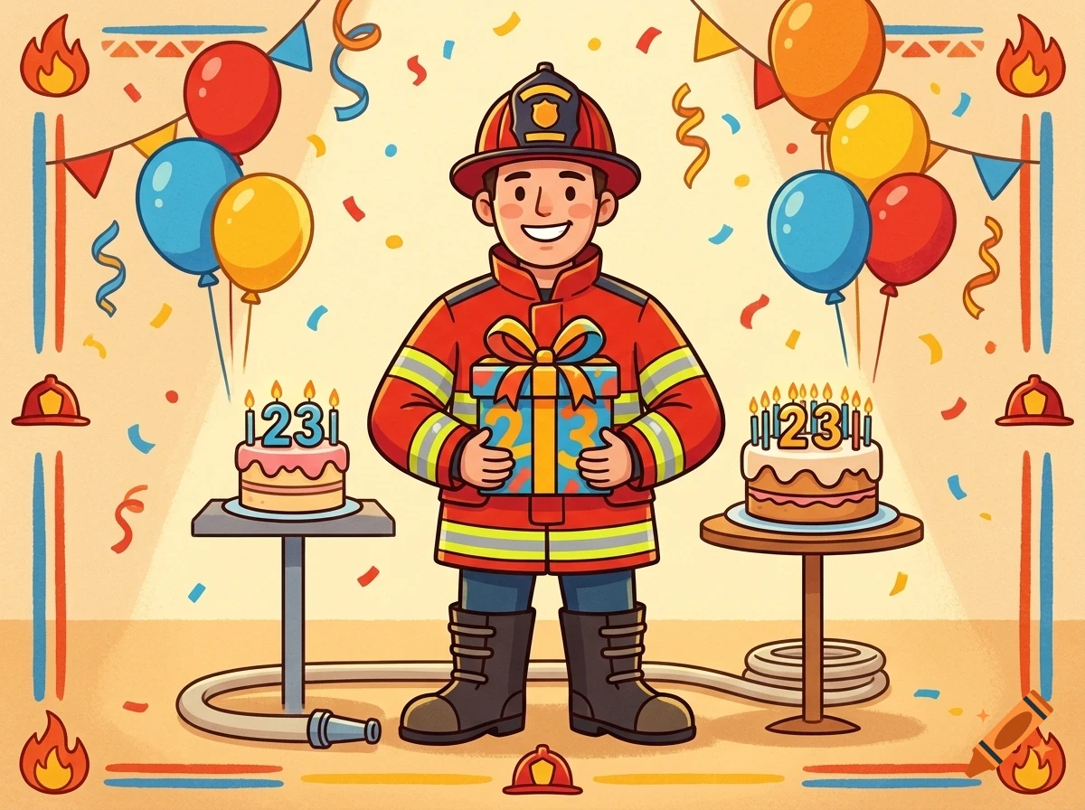 An illustrated firefighter holding a wrapped gift surrounded by birthday cakes, balloons, confetti, and streamers.