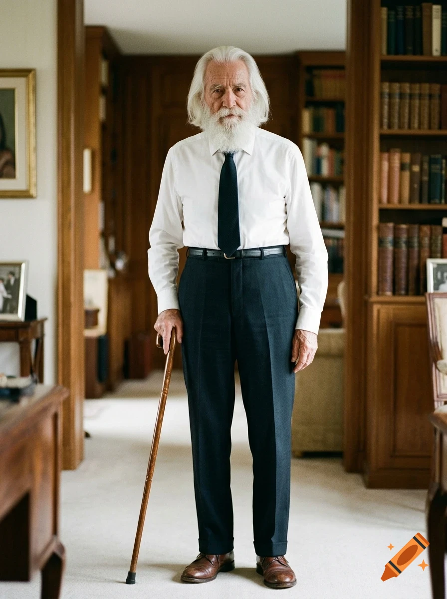 Portrait of an elderly man with long white hair and a white beard, wearing a white button-down shirt, tie, and dark trousers, holding a wooden walking cane inside a library or study.