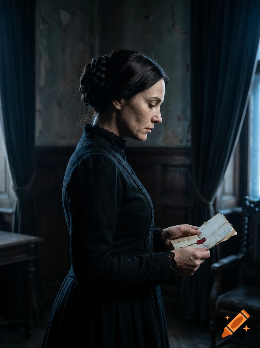 Cinematic side-profile photograph of a 19th-century Victorian woman holding a sealed letter in a moody, dark estate room.