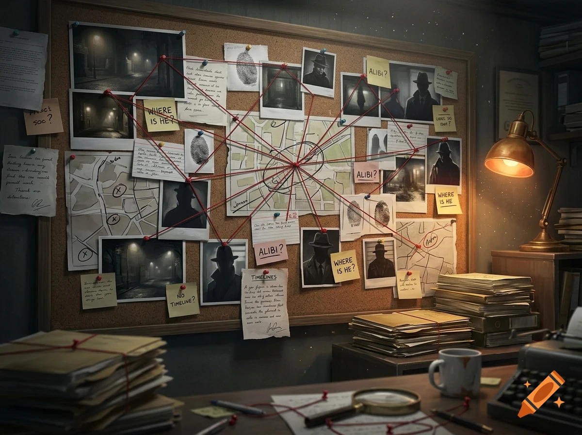 A detective's corkboard filled with pinned photographs, maps, notes, and fingerprints connected by a complex web of red string, set in a dimly lit office with a desk lamp, stacks of papers, and a typewriter.