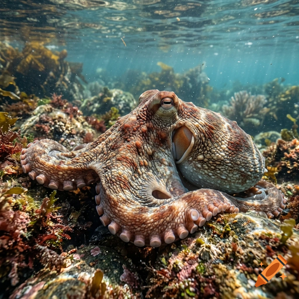 Close-up photorealistic underwater shot of an octopus resting on rocks and coral.