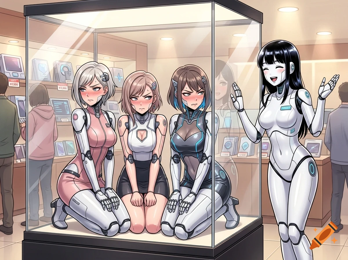 An anime-style illustration of three embarrassed female humanoid robots kneeling inside a glass display case in a store, while a fourth robot outside gestures towards them.