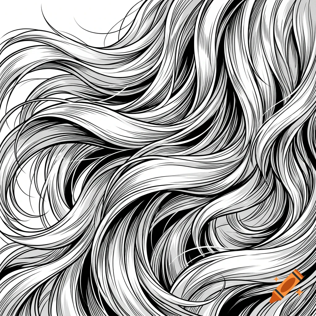 Black and white ink illustration of flowing, wavy hair strands.